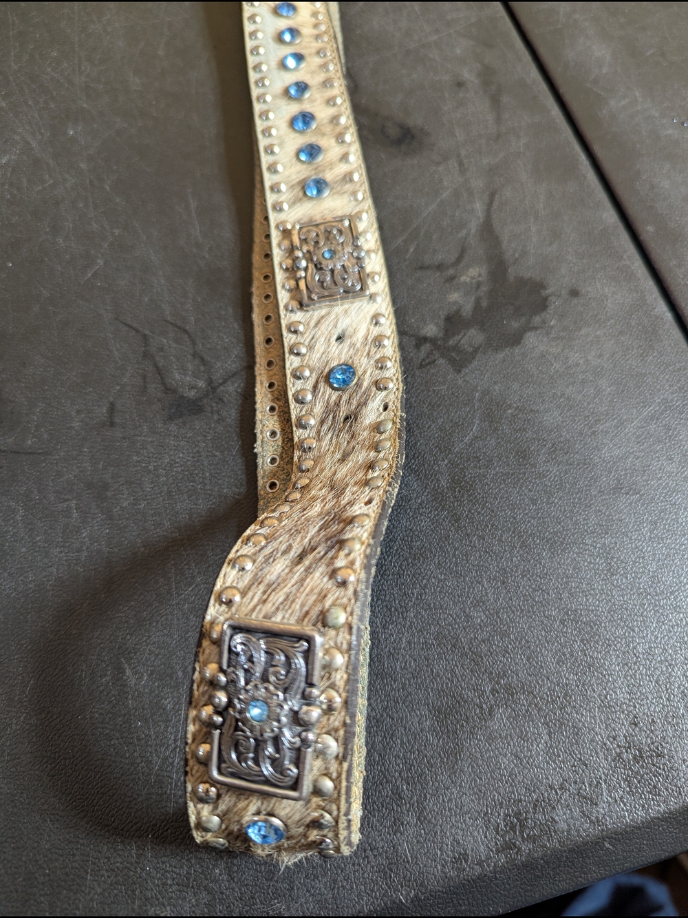 Studded Hair-on Leather Belt with Blue Gem Accents
